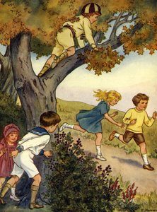 Kinder verstecken sich in und hinter einem Baum
