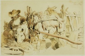 Ein Bauer füttert sein Pony in Genf (recto); Sitzender Mönch (verso) von Edwin Henry Landseer