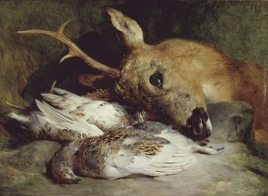 Kopf eines Rehbocks und zwei Schneehühner, ca. 1830