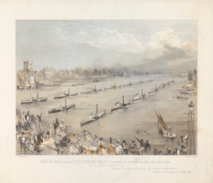 Die Flotte der Stadt-Dampfschiffe in Paradeordnung vor Chalsea bei der jährlichen Londoner Gedenkfeier von Edwin Jewitt