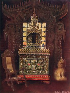 Asiatische Möbel aus der Sammlung von Lord Curzon von Kedleston, G.C.S.I., D.C.L., etc. Burmesisches geschnitztes und vergoldetes Türportal aus Mandalay. Buddhistische Manuskriptbox (Poongyi) und Schrein (Sadaik) aus Holz