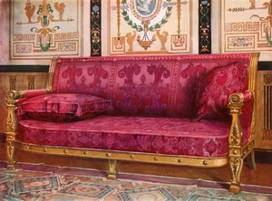 Geschnitztes vergoldetes Sofa mit Rosenbrokat aus Lyon bezogen von Edwin John Foley