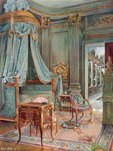 Geschnitztes und vergoldetes drapiertes Kuppelbett. Bureau-Toilette (oder Petit Secretaire) in Marqueterie. Cartonnier in grünem Lack