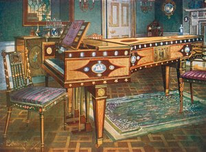 Spätachtzehntes Jahrhundert dekorative Möbel. Satinholz- und Mahagoni-eingelegtes Klavier, mit Wedgwood-Plaketten, Ormolu-Montierungen, Paneel und Sternen, präsentiert von Manuel Godoy an die Königin von Spanien im Jahr 1796.