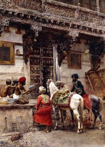 Handwerker verkauft Kisten bei einem Teakholzgebäude, Ahmedabad, ca. 1885 von Edwin Lord Weeks