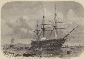 HMS Agamemnon, 91 Kanonen, das englische Teil des atlantischen Unterseekabels in East Greenwich verladen