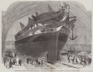 Stapellauf des Schraubendampfschiffs Ihrer Majestät, James Watt (90 Kanonen), in der königlichen Werft von Pembroke von Edwin Weedon
