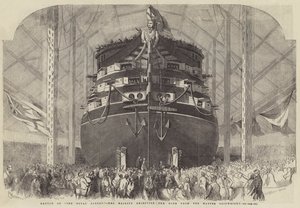 Stapellauf der Royal Albert, Ihre Majestät erhält den Wein vom Meisterschiffbauer von Edwin Weedon