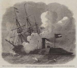 Der Bürgerkrieg in Amerika, Seeschlacht in Hampton Roads, der konföderierte eisenbeschlagene Dampfer Merrimac (oder Virginia) rammt die Bundes-Sloop Cumberland von Edwin Weedon