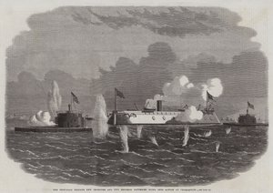 Die gepanzerte Fregatte New Ironsides und zwei Ericsson-Batterien gehen in Charleston in Aktion