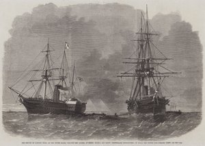Die Beschlagnahme durch Kapitän Wilks vom Kriegsschiff San Jacinto der Vereinigten Staaten von Messers Slidell und Mason, konföderierte Kommissare, an Bord des britischen Postdampfers Trent von Edwin Weedon