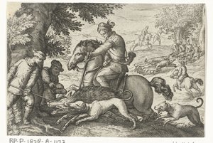 Hügelige Landschaft mit Wildschweinjagd von Egbert Jansz.