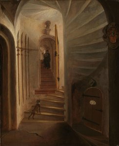 Portal eines Treppenturms, mit einem Mann, der die Treppe hinuntergeht: vermutlich der Moment vor der Ermordung von Wilhelm dem Schweiger im Prinsenhof, Delft von Egbert Lievensz. van der Poel (attributed to)
