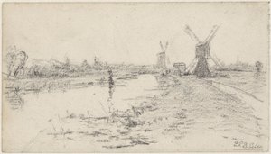 Landschaft mit Fluss und zwei Mühlen
