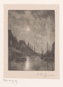 Flussansicht in einer Stadt bei Nacht von Egide François Leemans (signed by artist)