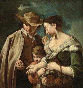 Ein Obstverkäufer und ein Junge mit einem Korb voller Pfirsiche, Birnen und Trauben in einer Landschaft, mit einem Mann, der eine Waffe und eine Münze hält
