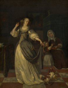 Dame spielt mit einem Hund von Eglon van der Neer