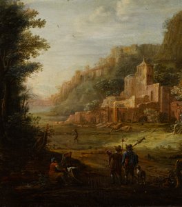 Waldlandschaft mit zwei Jägern am Eingang zu einem Tal von Eglon van der Neer