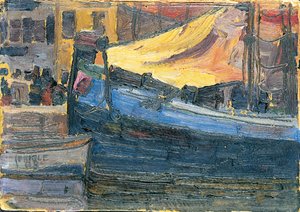 Verankerte Boote mit einer Hauswand im Hintergrund, 1908