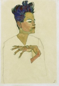 Selbstporträt mit den Händen auf der Brust von Egon Schiele