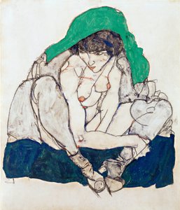 Kauernde Frau mit grünem Kopftuch von Egon Schiele