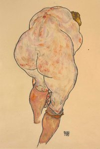 Weiblicher Akt, der Strümpfe hochzieht, Rückansicht, 1918