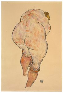 Weiblicher Akt zieht Strümpfe hoch, Rückansicht, 1918