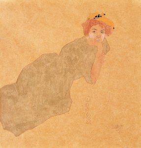 Mädchen im olivfarbenen Kleid mit abgestütztem Arm, 1908 von Egon Schiele