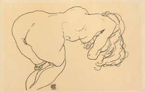 Langhaariger Akt, vornübergebeugt, Rückenansicht, 1918