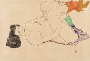 Liegender weiblicher Akt mit angezogenen Beinen, 1913