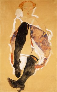 Sitzende Frau mit schwarzen Strümpfen, 1911 von Egon Schiele