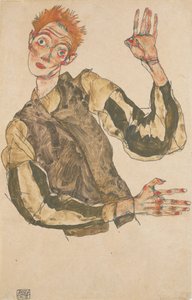 Selbstdarstellung mit gestreiften Ärmelschonern von Egon Schiele