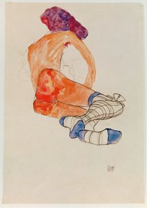 Sitzender weiblicher Akt mit blauem Strumpfband