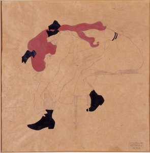 Junges Mädchen mit schwarzem Band im roten Haar, zieht ihre Schuhe an, 1909 von Egon Schiele