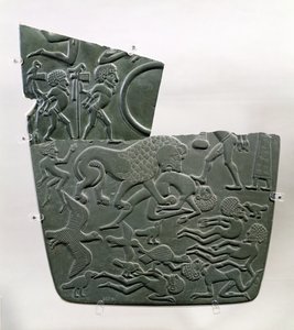 Die Schlachtfeld-Palette, Darstellung von Gefangenen und getöteten Schlachtopfern, die von wilden Tieren gejagt werden, Spätprädynastisch bis 1. Dynastie, ca. 3100 v. Chr.