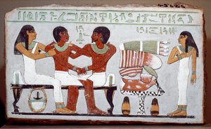 Ägyptische Antike: Grabstele aus bemaltem Kalkstein, die die Familie von Amenemhet darstellt von Egyptian 11th Dynasty