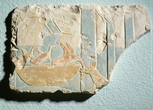 Relief, das einen Überfall eines hundeähnlichen Tieres auf ein Vogelnest darstellt, aus dem Totentempel von König Montuhotep II, Mittleres Reich