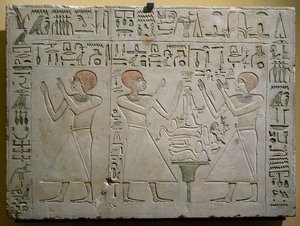 Mery, Hetepuy und Khety, gemeinsame Kanzler während der Herrschaft von Senwosret (Sesostris) I, bemalte Kalksteinstele, ägyptische Zivilisation, Mittleres Reich, Dynastie XII