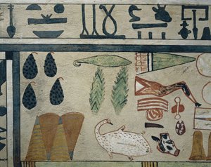 Tafel Detail, das verschiedene Speiseopfer darstellt, vom Sarkophag des Irinimenpu