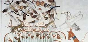 Enten, Nester, Schmetterlinge, Katzen und Nagetiere, Detail aus der Jagd- und Fischereiszene in den Sümpfen, Fresko, Nordwand, Längskammer, Thebanisches Grab TT69, Sheikh Abd el-Qurna, Theben. Ägyptische Zivilisation, Neues Reich, Dynastie XVIII.