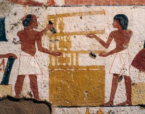 Ägypten, Luxor, West-Theben, Tal der Adligen. Grab von Nenamon und Ipuki. Fresko, das Zimmerleute bei der Arbeit darstellt. (Neues Reich, 18. Dynastie) von Egyptian 18th Dynasty