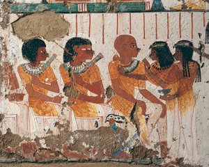 Ägypten, West-Theben Assassif Nekropole, Grab von Nenamon und Ipuki. Fresko, das Opfergaben von Halsketten an Verstorbene darstellt. (Neues Reich, Dynastie XVIII)