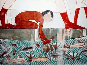 Ägyptische Kunst: Grab des Menna. Fischszene, Detail. Eine nackte Magd pflückt eine Lotusblume