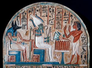 Ägyptische Antiquität: Nanai-Stele, die Osiris und Anubis verehrt. Bemalter Kalkstein. Ende der 18. Dynastie. 14. Jahrhundert v. Chr. Turin, Ägyptisches Museum