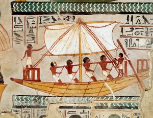 Ägyptische Antiquität: „Ein Boot auf dem Fluss, das von einer Pilgerfahrt zum Grab von Osiris in Abydos zurückkehrt“, 18. Dynastie. Fresko aus dem Grab von Sennefer (TT 96) im Grabbezirk der Adligen in Gournah von Egyptian 18th Dynasty