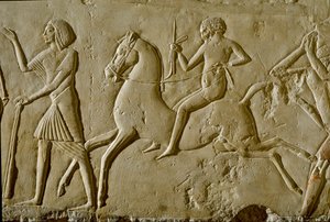 Ägyptische Antike: Relief mit Krieger zu Pferd. Ende der 18. Dynastie von Egyptian 18th Dynasty