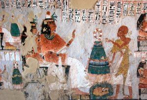 Ägyptische Antike: Darstellung von Roy und seiner Frau Nebtawy vor einem Hohepriester. Gemälde aus dem Grab von Roy (TT255). 18. Dynastie. Vom Westufer von Luxor, Ägypten