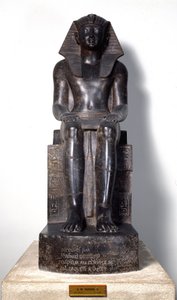 Ägyptische Antiquität: Skulptur aus Basanit, die Thutmosis (Tuthmosis oder Thutmus) III. (um 1504-1450 v. Chr.), ägyptischer Pharao, darstellt. 18. Dynastie. Aus Theben. Turin, Ägyptisches Museum
