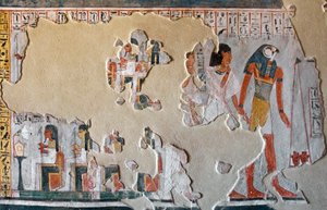 Ägyptische Antiquität: Horus führt Roy und seine Frau zur Waage der Herzen. Fragmente eines Freskos aus dem Grab von Roy (TT255). 18. Dynastie. Vom Westufer von Luxor, Ägypten
