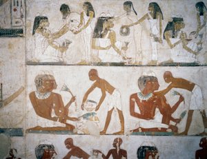 Begräbnisfest mit Musikerinnen, Frauen, die Schmuck anlegen, Männer und Musiker, Fresken im Grab des Rekhmire, Scheich Abd el-Qurnah Nekropole, Luxor, Theben (Unesco-Welterbeliste)